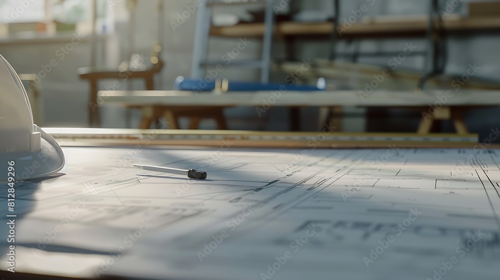 Leinwandbilder Architectural designed building blueprint layout and engineer tool for designing blueprint with contractor project document on engineer workspace table in office with safety helmet or  : Generative AI