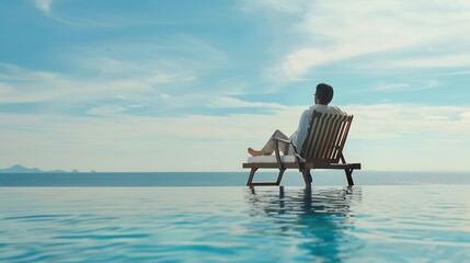 Relaxation holiday vacation of businessman take it easy happily resting on beach chair at swimming pool poolside beachfront resort hotel peacefully with sea or ocean view and summer su : Generative AI