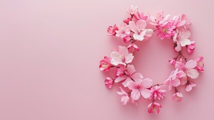 Obraz premium Flowers composition Wreath made of pink flowers on pink background Flat lay top view copy space : Generative AI