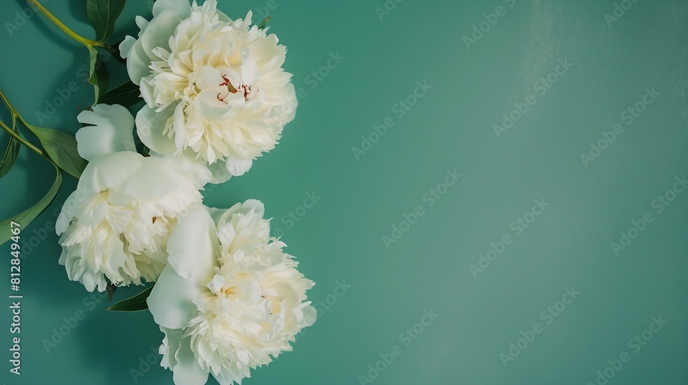 Poster creative layout made of white peony flowers on green background minimal style composition copy space