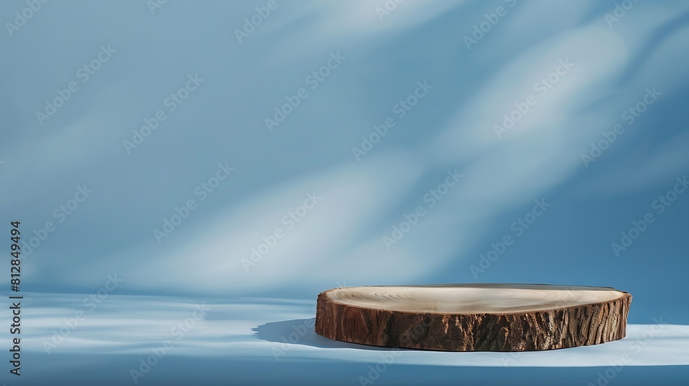 Poster abstract empty wood slice podium with leaves shadows on blue background mock up stand for product pr