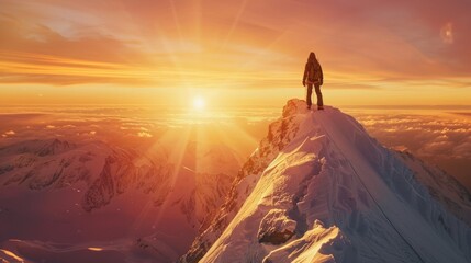 Obraz premium A Mountain Climber standing on top of a mountain looking at the horizon on a snowy landscape at sunset . Mountain Climber Conquering the Summit at Sunset hyper realistic 