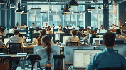 The photo shows a busy office with many employees working at their desks