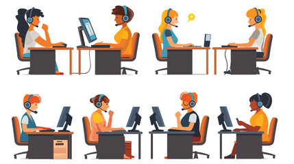 Customers online support operators at work flat vec
