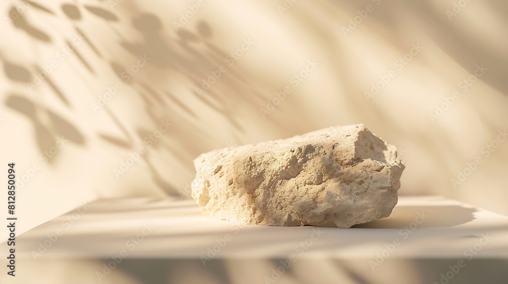 Poster beige concept product display podium rock stone with blurred background with sunlight shadow : gener