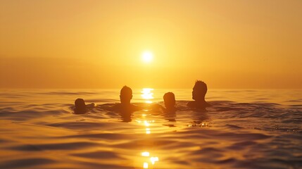 Family swimming in sea at sunset : Generative AI