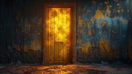 A door opens in the darkness, a golden door, glowing,Golden Gateway: Illuminated Door to Mystical Dimensions. 4K High-Definition Wallpaper.
