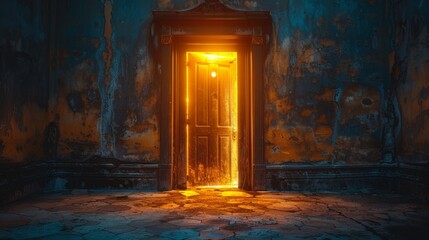 A door opens in the darkness, a golden door, glowing,Golden Gateway: Illuminated Door to Mystical Dimensions. 4K High-Definition Wallpaper.