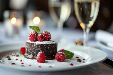 Elegant Presentation of Fine Dining Dessert with Chocolate Soufflé, Raspberries, Mint, and Champagne in Refined Restaurant Setting