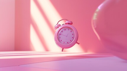 Levitating pink alarm clock on colored background 3D photo Minimalistic still life Creative layout Concept art : Generative AI