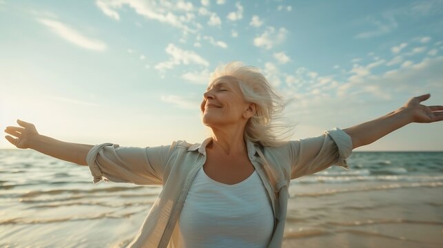 Happy mature woman with arms outstretched feeling the breeze at beach Beautiful middle aged woman with arms up dancing on beach Mid lady feeling good and enjoying freedom at sea copy s : Generative AI