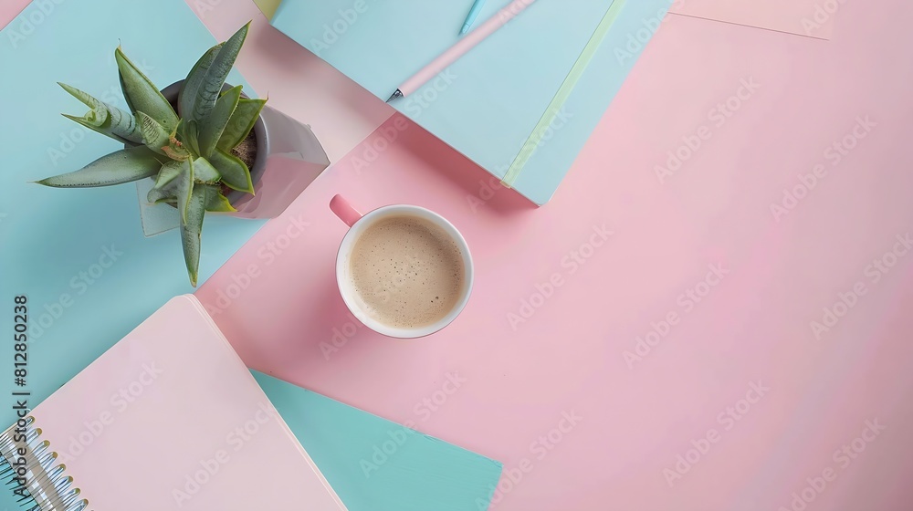 Aufkleber creative flat lay photo of workspace desk top view office desk with mock up notebooks plant coffee c