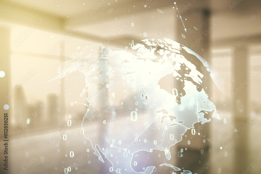 Poster multi exposure of abstract creative coding sketch and world map on empty corporate office background