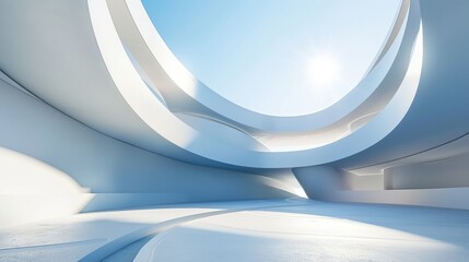 Abstract 3d white architecture interior for design, modern, contemporary, indoor and outdoor, curved wall, blue architecture, with sunny day. hyper realistic 