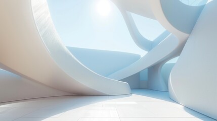 Abstract 3d white architecture interior for design, modern, contemporary, indoor and outdoor, curved wall, blue architecture, with sunny day. hyper realistic 