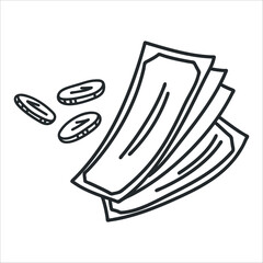 Hand drawn money banknote and coin illustration. Flying coins and paper money bills doodle icon. Financial symbol concept. Cartoon cash sketch element isolated