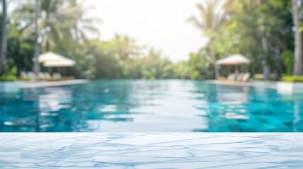 Naklejka premium Empty white marble stone table top and blurred swimming pool in tropical resort in summer banner background can used for display or montage your products : Generative AI