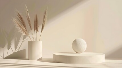 Podium for cosmetic product presentation Abstract minimal geometrical form Cylinder podium sphere two forms soft shadow Scene to show products Showcase display case Dry pampas grass Si : Generative AI