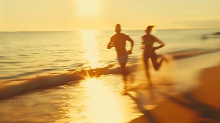 Fototapeta premium Selective focus Blurred summer vacation background Couple running on the beach Happy couple go to swim in ocean at sunset Defocused man and woman run on sandy sea beach Summertime Happ : Generative AI