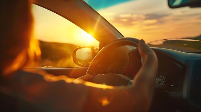 Hatchback Car travel driving road trip of family summer vacation in car at sunsetGirls happy traveling enjoy holidays and relaxation together get the atmosphere and go to destination : Generative AI