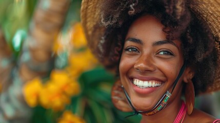 Radiant Smile Captures Vibrant Moments of Joy Amidst Lush Tropical Surroundings - Powered by Adobe
