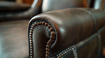 The photo shows a luxurious brown leather armchair with studded details.