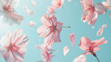Beautiful  flying pastel pink flowers and petals at light blue background creative floral layout horizontal : Generative AI
