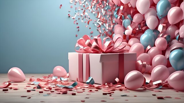 Present boxes filled with confetti and pink balloons. 3D rendering, AI-generated 3D render of a birthday background with balloons, confetti, and a gift box