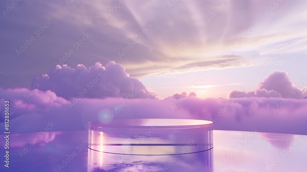 Poster front view of transparent podium with blank space in purple gradient cloudy sky background abstract 