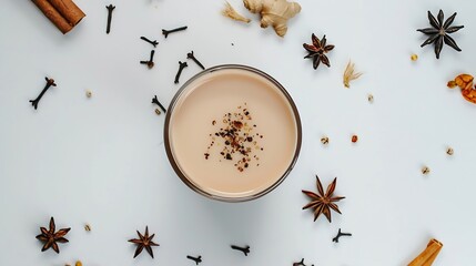 Creative layout made of chai masala on a white background Top view Indian drink Black tea with milk and species : Generative AI