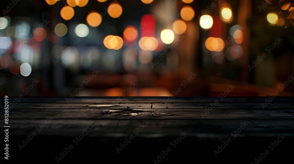 Poster empty dark wooden table in front of restaurant abstract blurred bokeh background can be used to demo