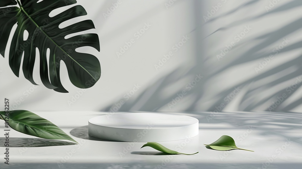 Poster minimal modern product display on light gray background copy space concrete podium and green leaves 