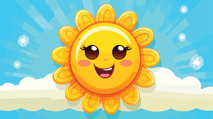 Cute and funny smiling sun with big eyes and hands