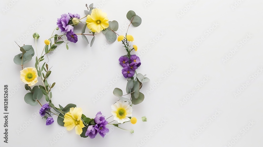 Poster flowers composition wreath made of yellow purple flowers and eucalyptus branches on white background