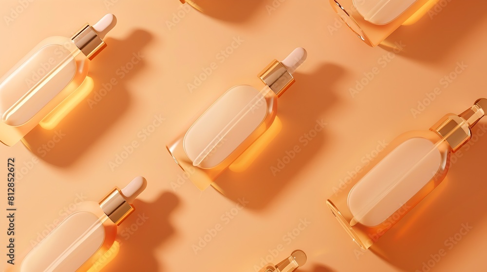 Poster seamless pattern of anti aging serum in glass bottle with dropper on pastel orange background creati