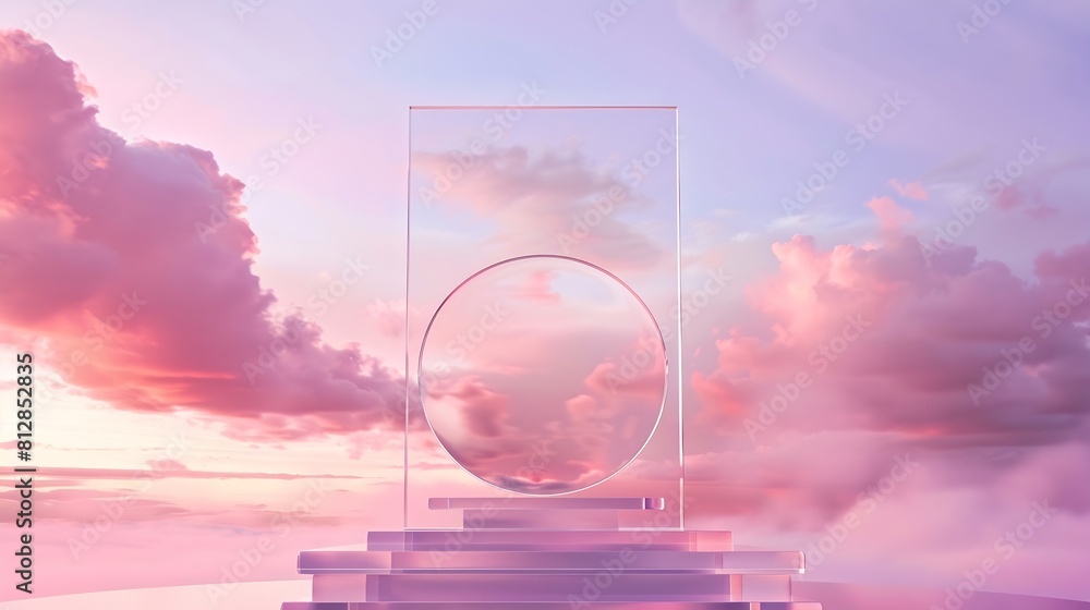 Aufkleber front view of transparent podium decorated with pinky cloudy sky background abstract content : gener