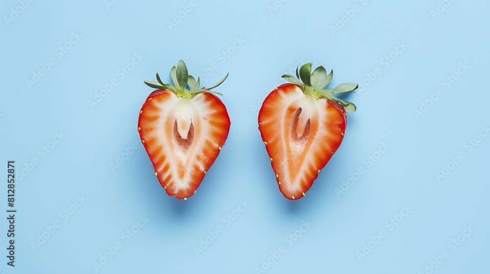 Poster creative layout made of two halfs of strawberry against pastel blue background copy space creative s