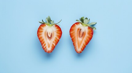 Creative layout made of two halfs of strawberry against pastel blue background Copy space Creative summer idea Minimal fruit concept : Generative AI