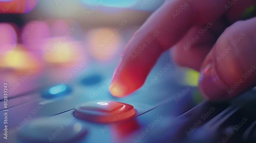 Aufkleber Selective focus at finger that push on press play button for start online entertainment for on demand video streaming service that online over internet which include movie or music : Generative AI