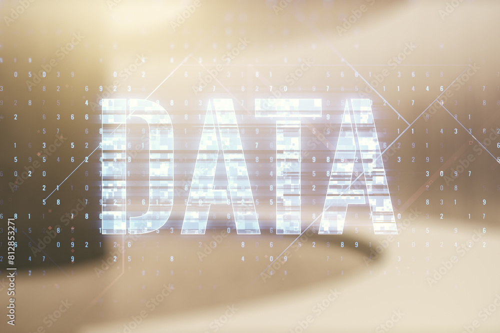 Poster data word hologram on empty room interior background, big data and blockchain concept. multiexposure