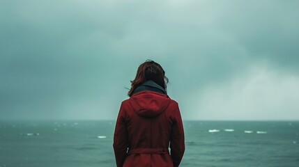 Young woman feeling lonely and sad looking at the sea on a gloomy day : Generative AI