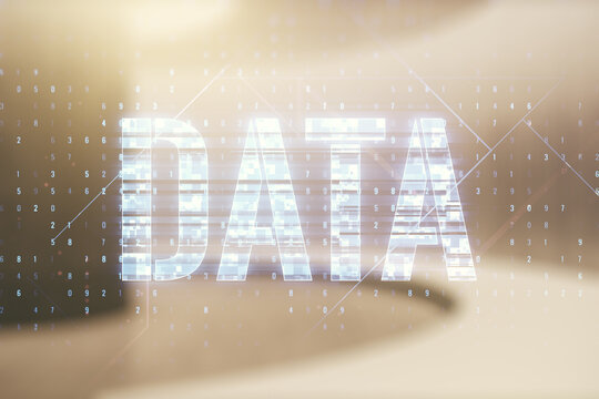 Data word hologram on empty room interior background, big data and blockchain concept. Multiexposure