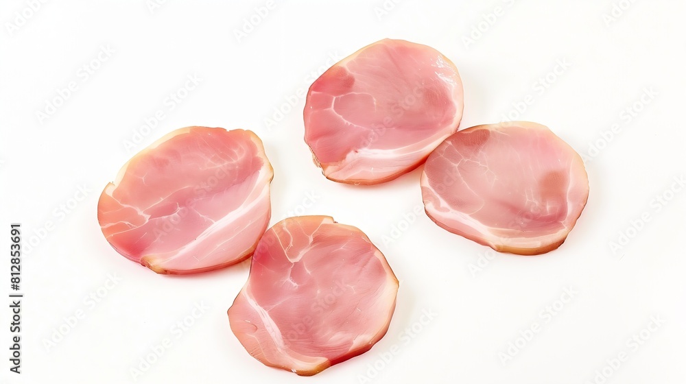 Poster round pieces of ham isolated on white background three pieces of pork ham cut into slices laid out to create layout italian food with clipping path : Generative AI