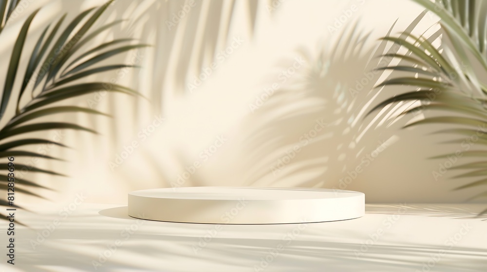 Aufkleber beige pastel background for product presentation with shadow tropical palm leaves and light podium s