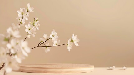 Geometric empty podium wooden platform stand for product presentation and spring flowering tree branch with white flowers on pastel beige background : Generative AI