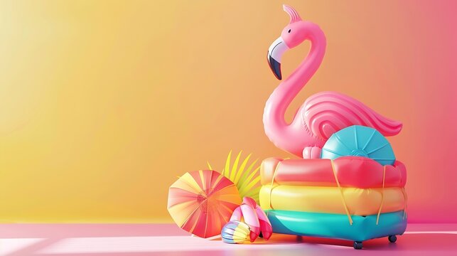 Funny inflatable flamingo and beach accessories in a bag with wheels going to the beach summer vacations concept : Generative AI