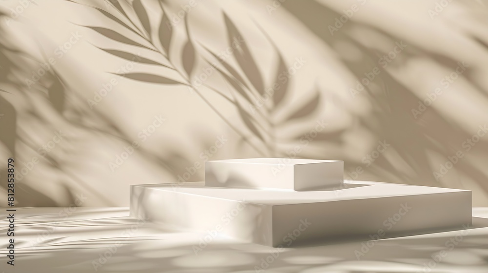 Leinwandbilder Abstract minimal nature scene  empty stage with two white rectangle podiums on beige background and shadows of tree leaves Pedestal for cosmetic product and packaging mockups display p : Generative AI