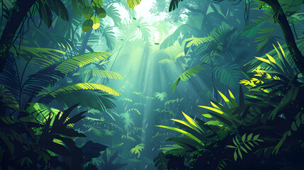 Fototapeta na wymiar Serene flat design backdrop showcasing the lush Rainforest Canopy in Old Growth Forest, inviting exploration amidst teeming life and mystery. Concept artwork for your creative proj