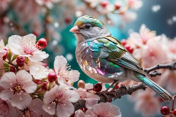 Fototapeta premium Blossoming spring scene with bird perched on a branch