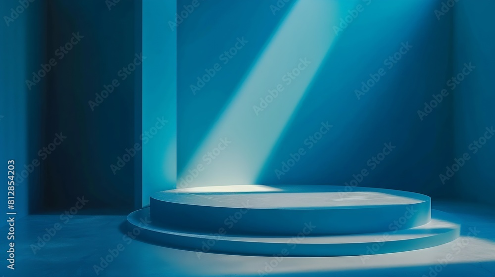 Poster Blue background for product presentation with shadows and light Empty round podium Mockup : Generative AI